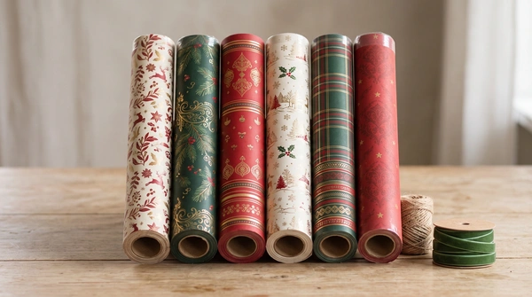Six rolls of festive Christmas printed wrapping paper stand upright in a neat row on a wooden table, displayed next to a spool of green ribbon and a ball of twine.