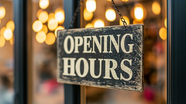 A close-up shot of a rustic, rectangular wooden sign with the words opening hours printed in a white serif font. The sign hangs by a thin metal chain inside a window, with a softly blurred background showing warm, glowing bokeh lights.