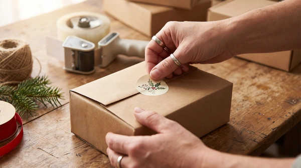 A person sealing a brown cardboard packaging box with bespoke printed Christmas gift labels featuring a festive holly design on a wooden workbench.