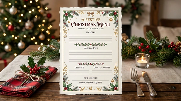 An elegant printed menu template for a festive Christmas dinner, standing on a wooden table next to a plaid napkin and a lit candle.