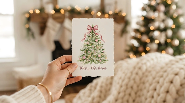 A hand holds up a bespoke printed Christmas card with a watercolour illustration of a decorated holiday tree and a pink bow, set against a cozy blurred background of a decorated fireplace mantle and lit Christmas tree.  