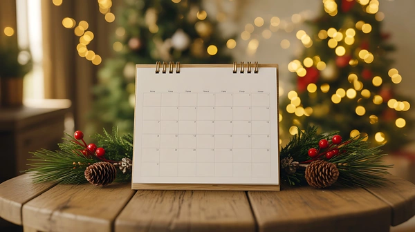 A wiro bound printed calendar stands on a round wooden table flanked by evergreen branches and pinecones, set against a softly blurred Christmas tree background with glowing golden bokeh lights.