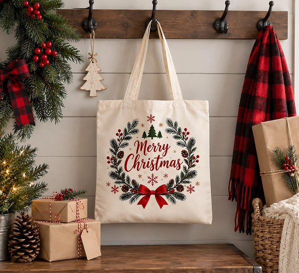 A white canvas Christmas printed tote bag hanging from a wooden coat rack. The tote bag features a festive green pine wreath design with a large red bow and the text 'Merry Christmas' in red script. The scene is decorated with wrapped holiday gifts, pinecones, a mini lit Christmas tree, a red-and-black plaid scarf, and a wooden tree ornament
